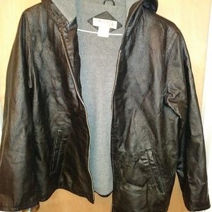 Fleece lined leather jacket with hood